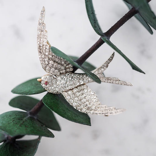 Antique Bird Brooch Edwardian 3.07 Old European Cut Diamonds in Platinum & 18k Yellow Gold