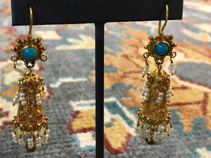 Dangle Drop Earrings Mid Century Cabochon Cut Turquoise & Seed Pearls in 18k Yellow Gold