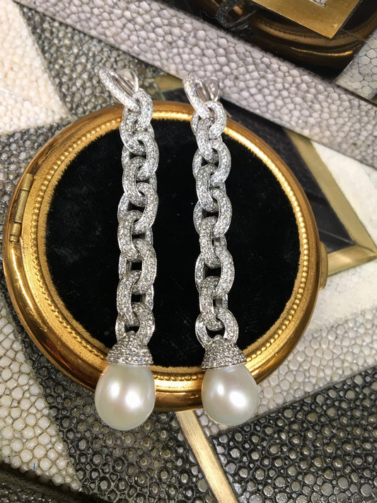 Dangle Earrings Modern 6.59 Round Brilliant Cut Diamonds & Pearl in Platinum