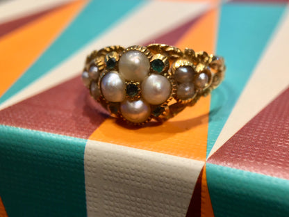 Antique Right Hand Ring Georgian Pearl & .10 Round Cut Emeralds 14k Yellow Gold Memorial Ring