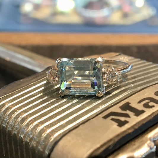 Antique Right Hand Ring Art Deco 2.71 Emerald Cut Aquamarine in Platinum