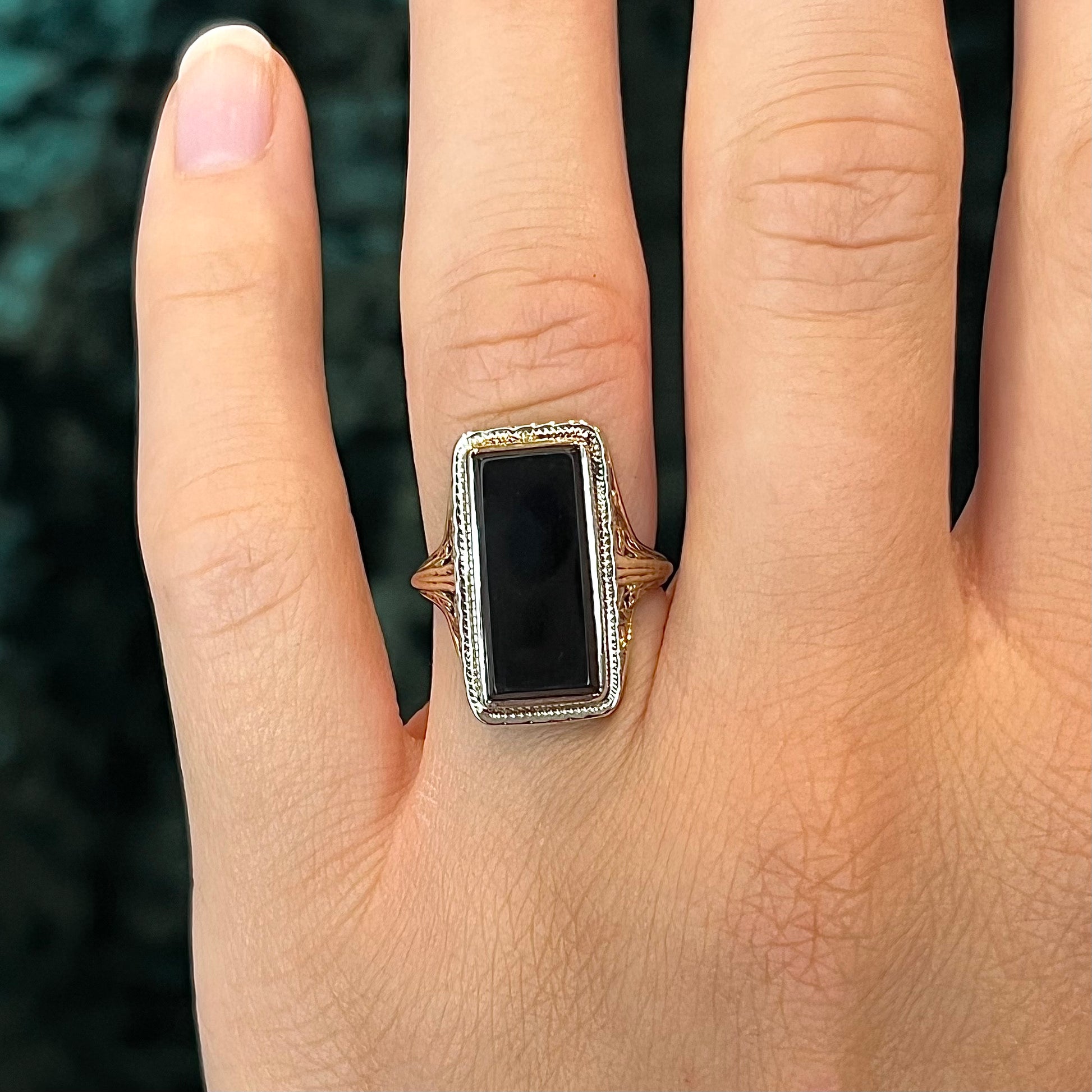 Late Art Deco Onyx Ring in 14k White & Yellow Gold