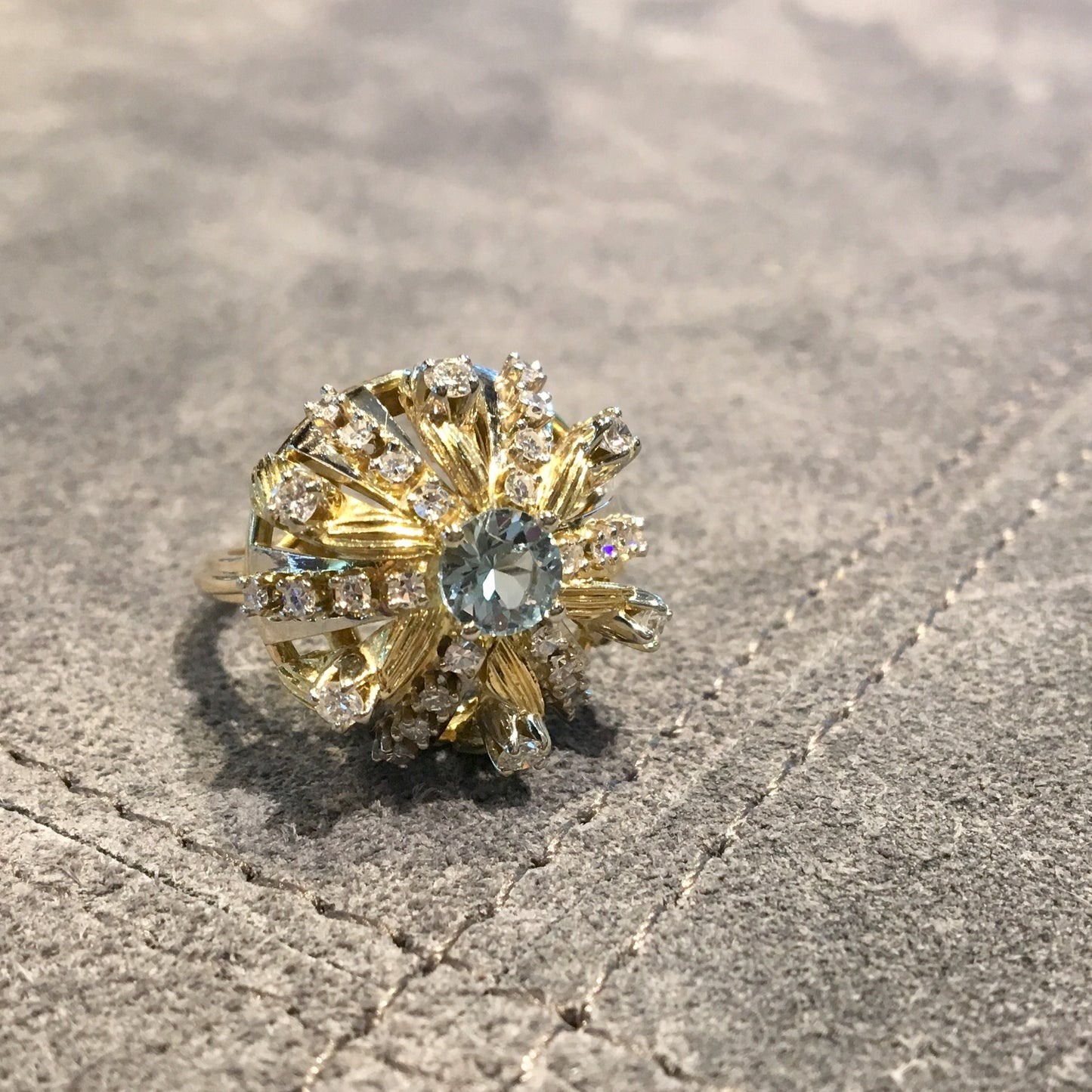 Vintage Right Hand Ring Mid-Century .58 Round Aquamarine & .66 Round Brilliant Cut Diamonds in 14K Yellow Gold