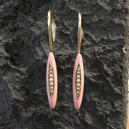 Antique Earrings Victorian Pink Enamel & Seed Pearls in 14k Yellow Gold