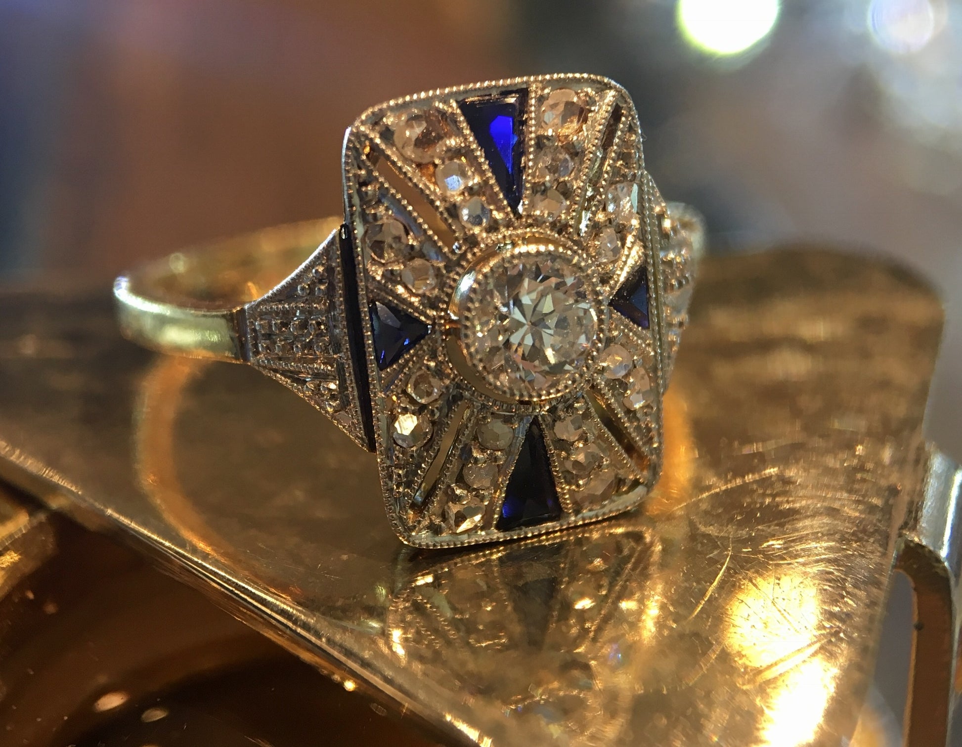 Antique Cocktail Ring Art Deco .21 Old European Cut Diamond and .20 Sapphire in 18K Yellow & White Gold