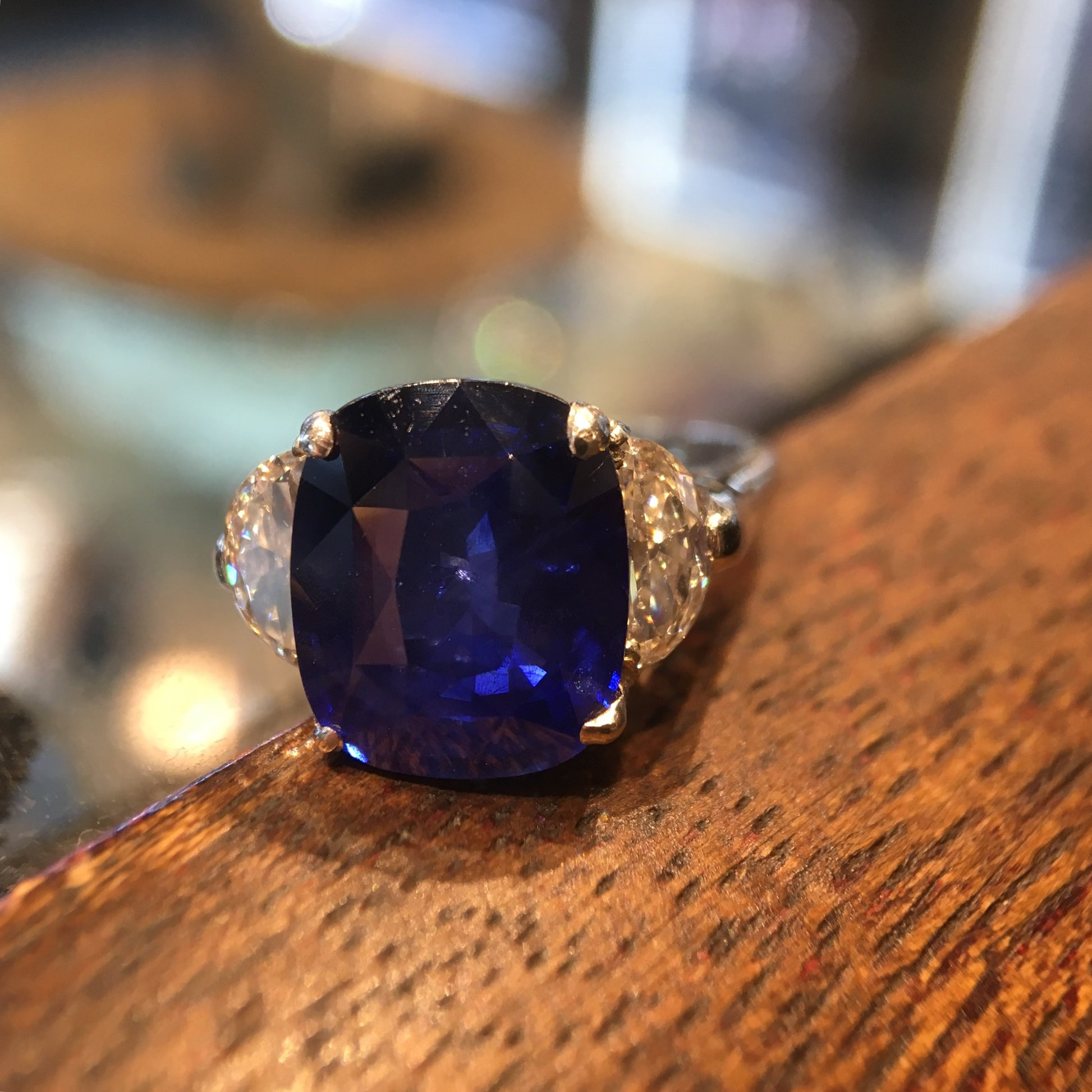 Engagement Ring Modern 6.40 Cushion Cut Sapphire & .60 Half Moon Cut Diamonds in Platinum