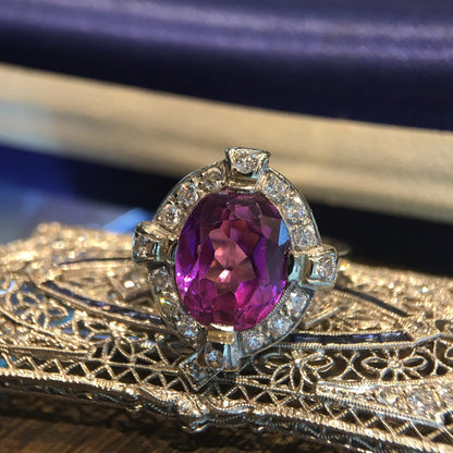 Modern Right Hand Ring 3.00 Oval Cut Pink Amethyst & .25 Round Brilliant Cut Diamonds in 14k White Gold
