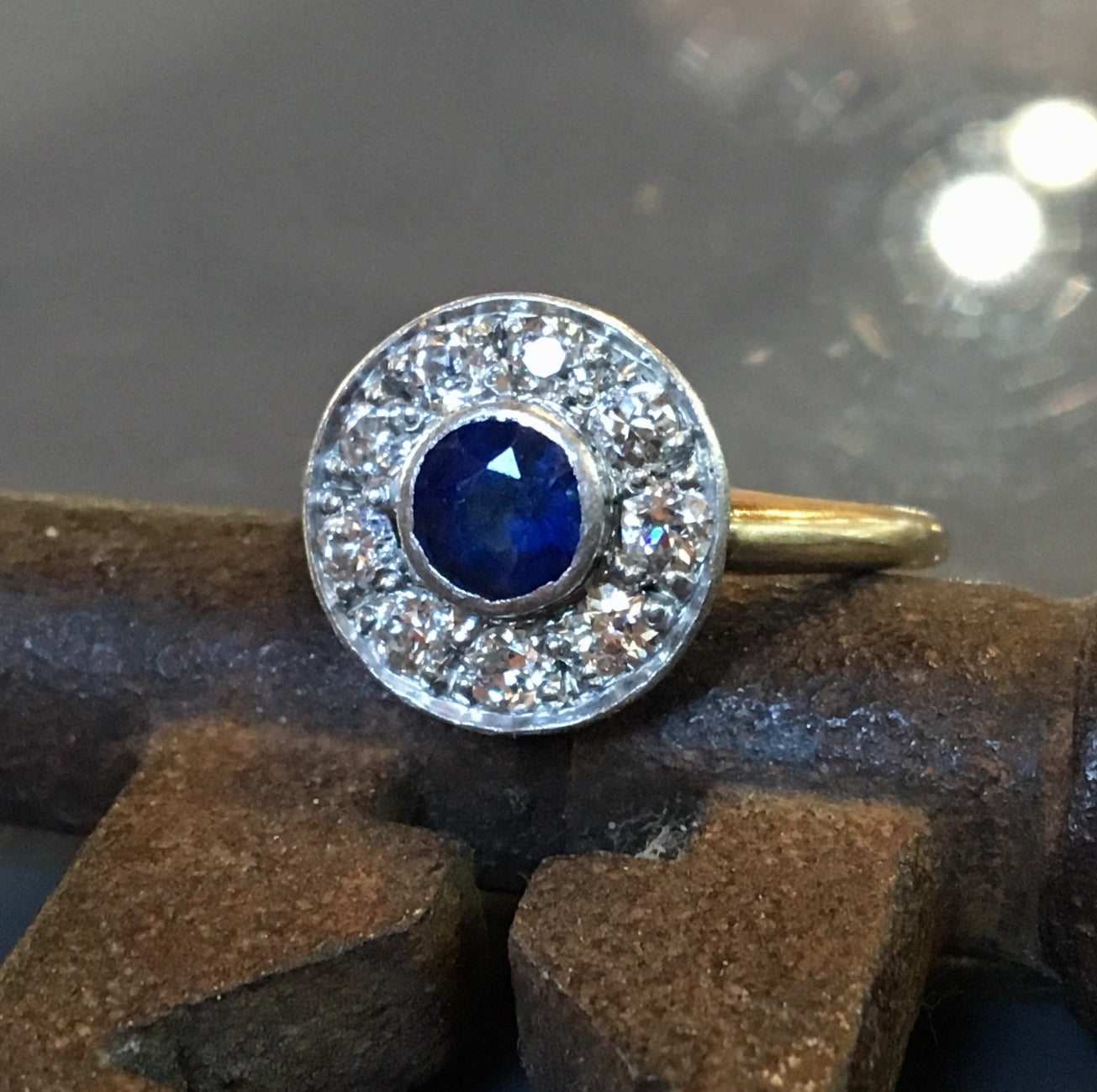 Antique Engagement Ring Victorian .55 Round Cut Sapphire in 14k White and Yellow Gold