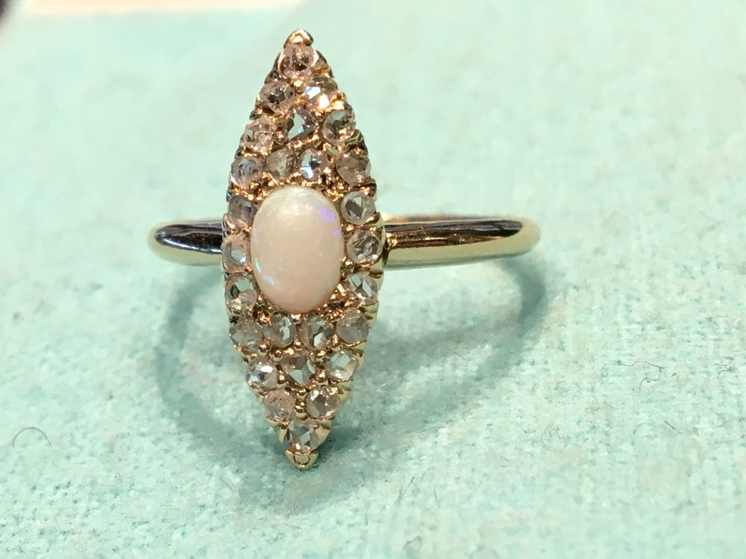 Antique Right Hand Ring Victorian .31 Cabochon Cut Opal & .26 Rose Cut Diamonds in 14k Yellow Gold