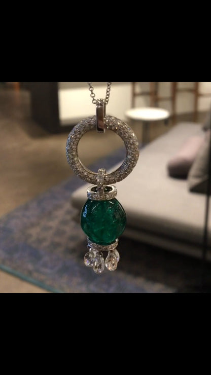 ***RTV***Necklace Modern 17.04 Carved Emerald & 6.52 Round Brilliant Cut Diamonds in 18K White Gold