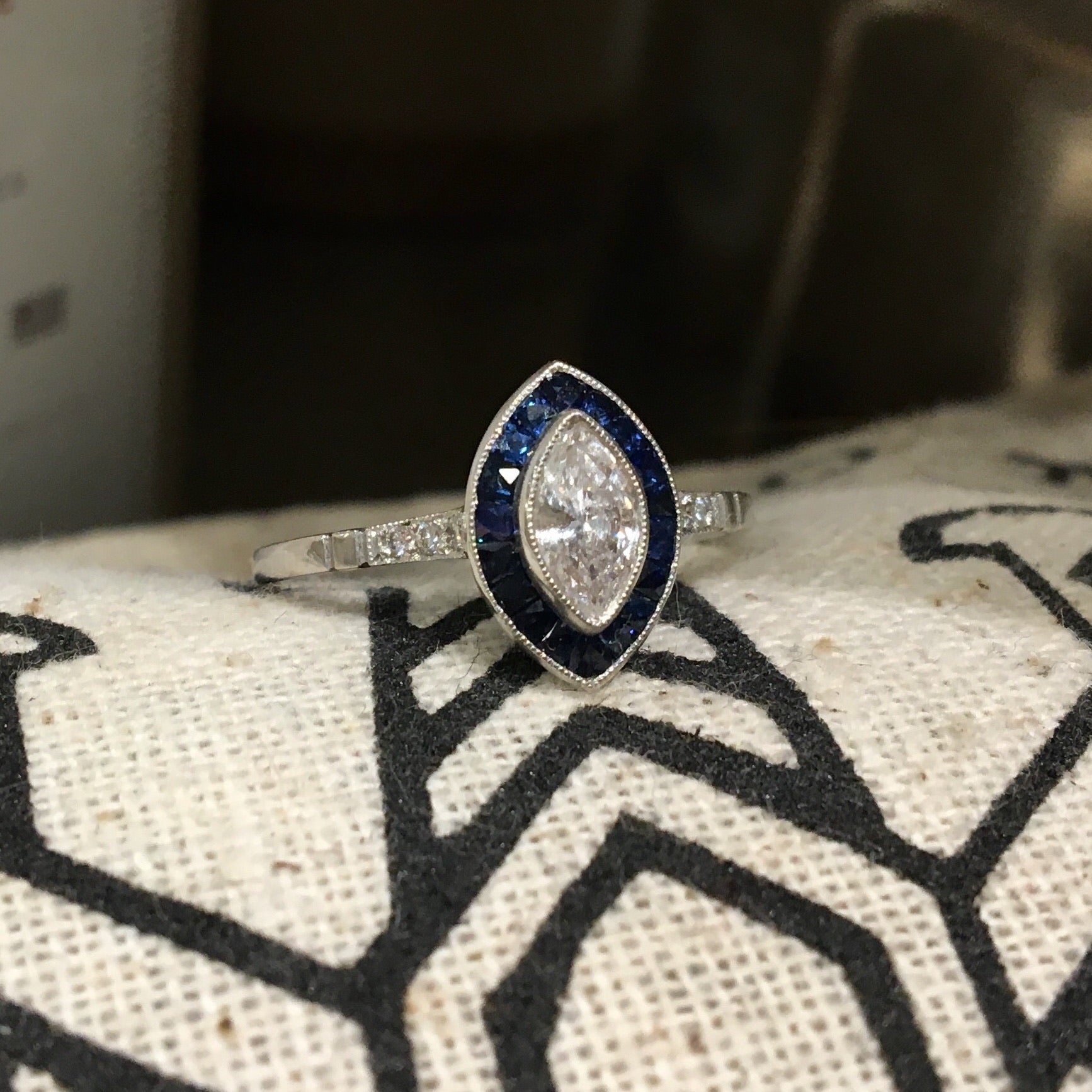 Right Hand Ring Modern .33 Marquise Cut Diamond in PlatinumComposition: Platinum Ring Size: 7.25 Total Diamond Weight: .42 cttwct Total Gram Weight: 2.8 rams g Inscription: 0.33
      
