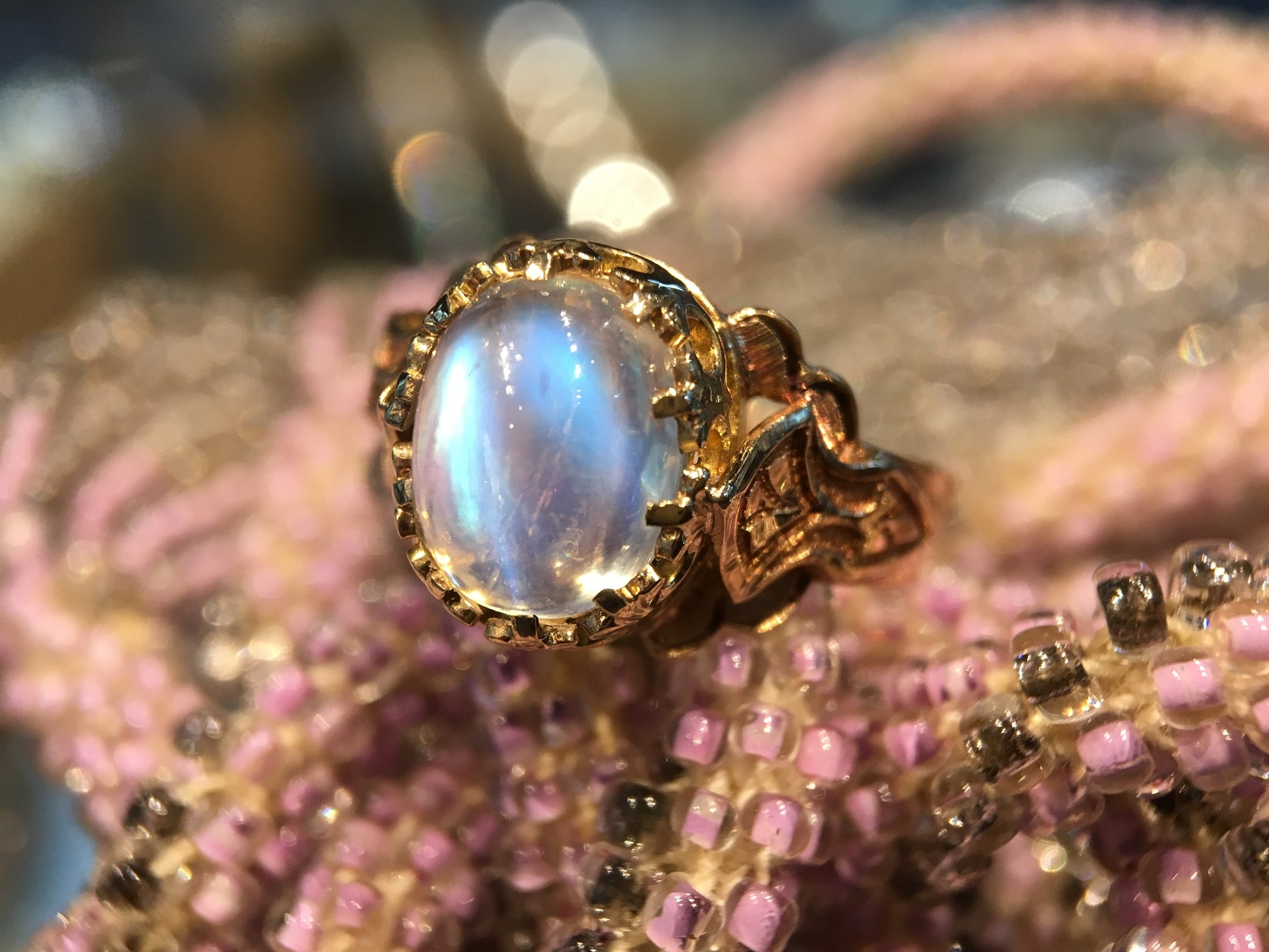 Antique Right Hand Ring Victorian 1.50 Oval Cabochon Cut Moonstone in 14K Rose GoldComposition: Platinum Ring Size: 7 Total Gram Weight: 3.7 rams g