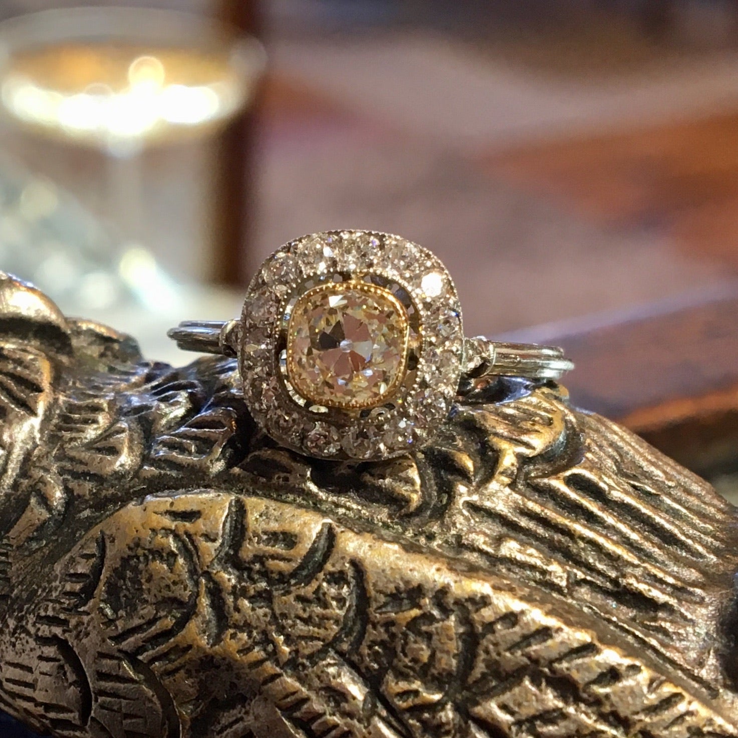 Engagement Ring Modern .72 Old Mine Cushion Cut Diamond in Platinum & 14k Rose Gold