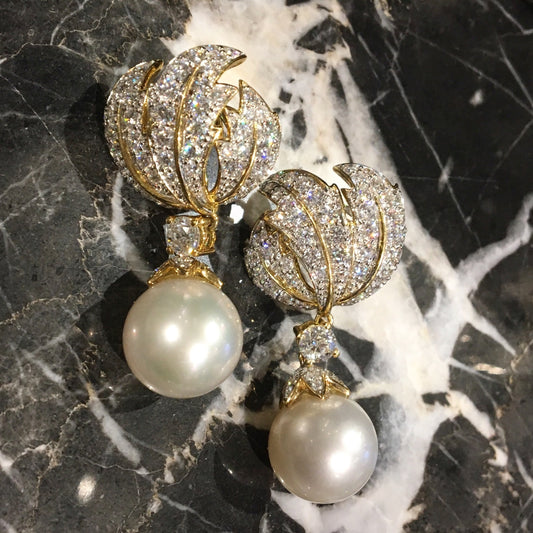 Earrings Modern South Sea Pearls & 8.20 Round Brilliant Cut Diamonds in 18K Yellow and White Gold