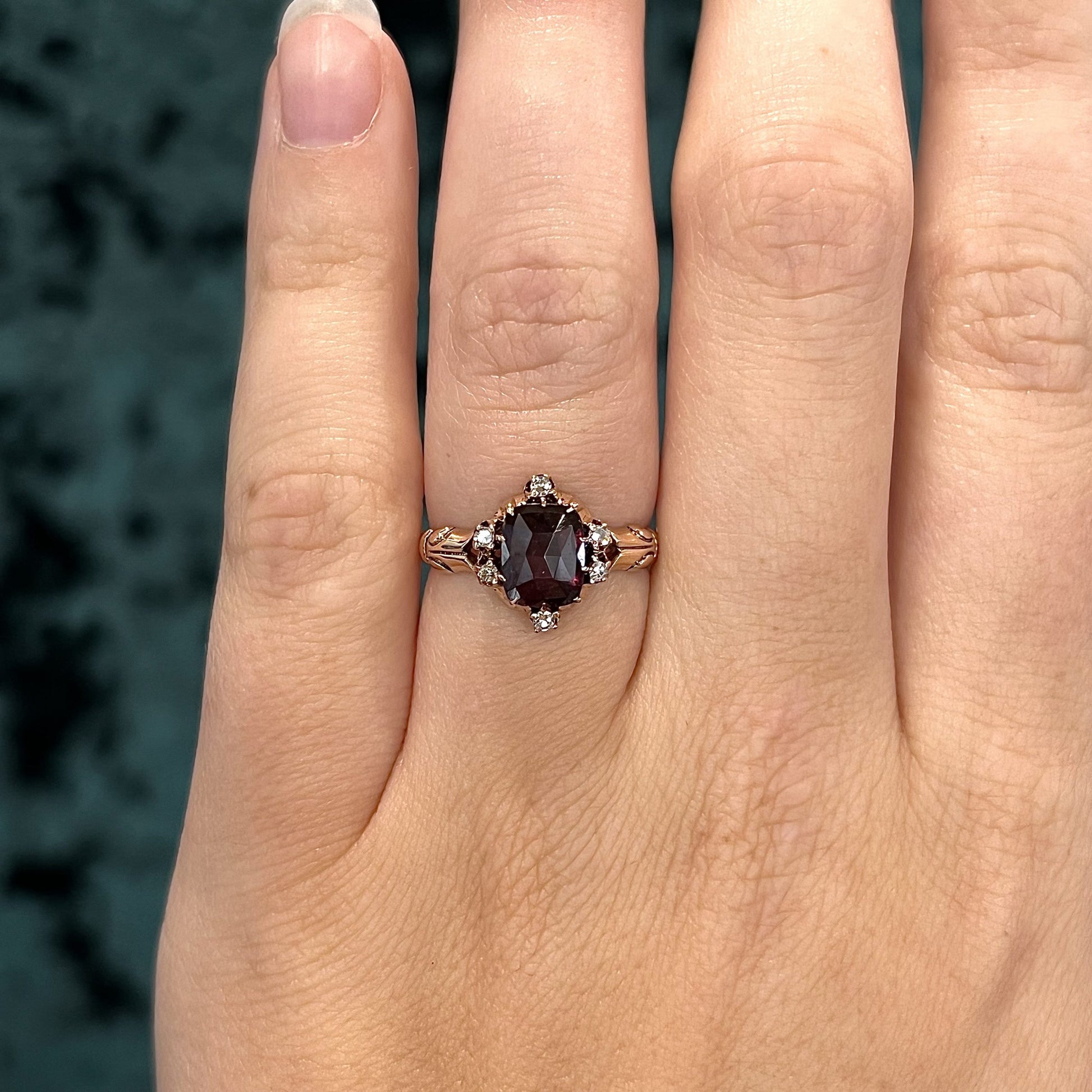 Victorian Antique Cut Garnet Diamond Ring in 10k Yellow Gold