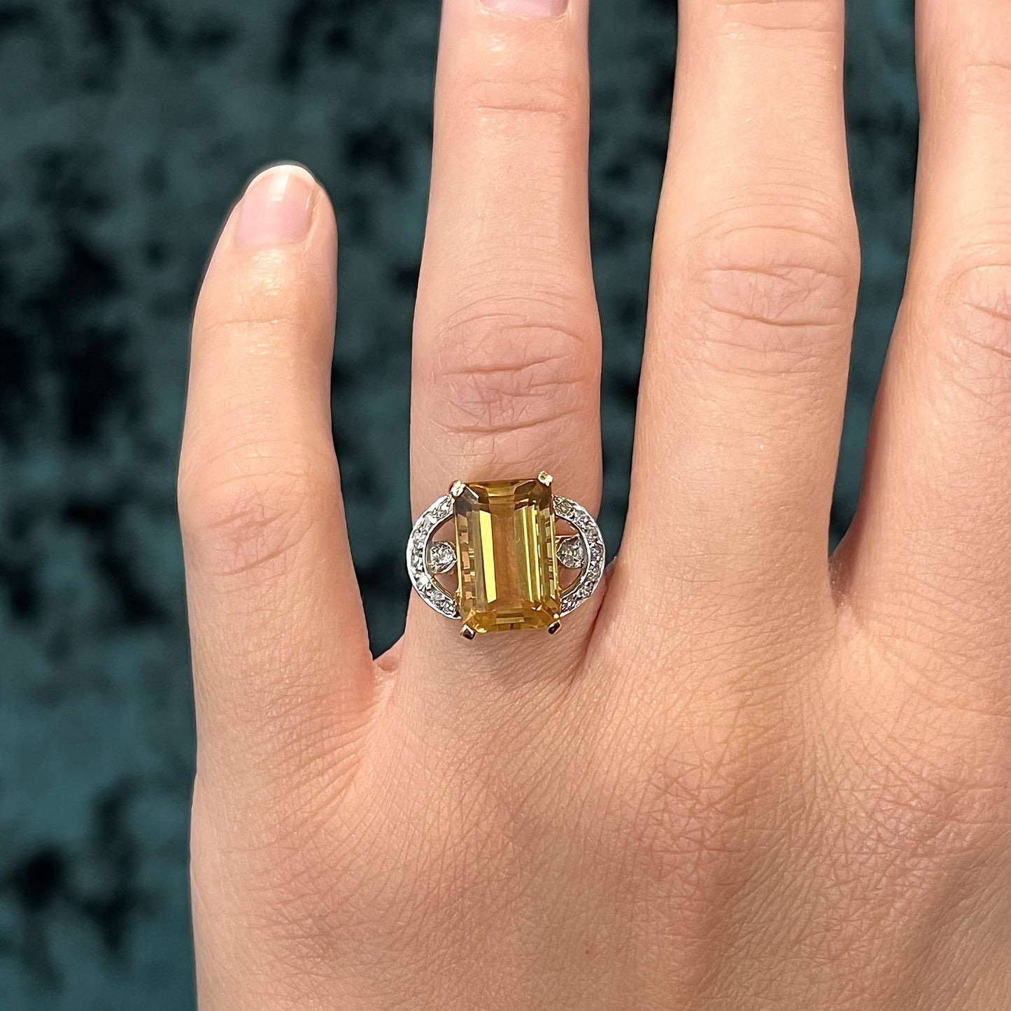 Mid-Century Citrine & Diamond Ring in 18k Yellow Gold