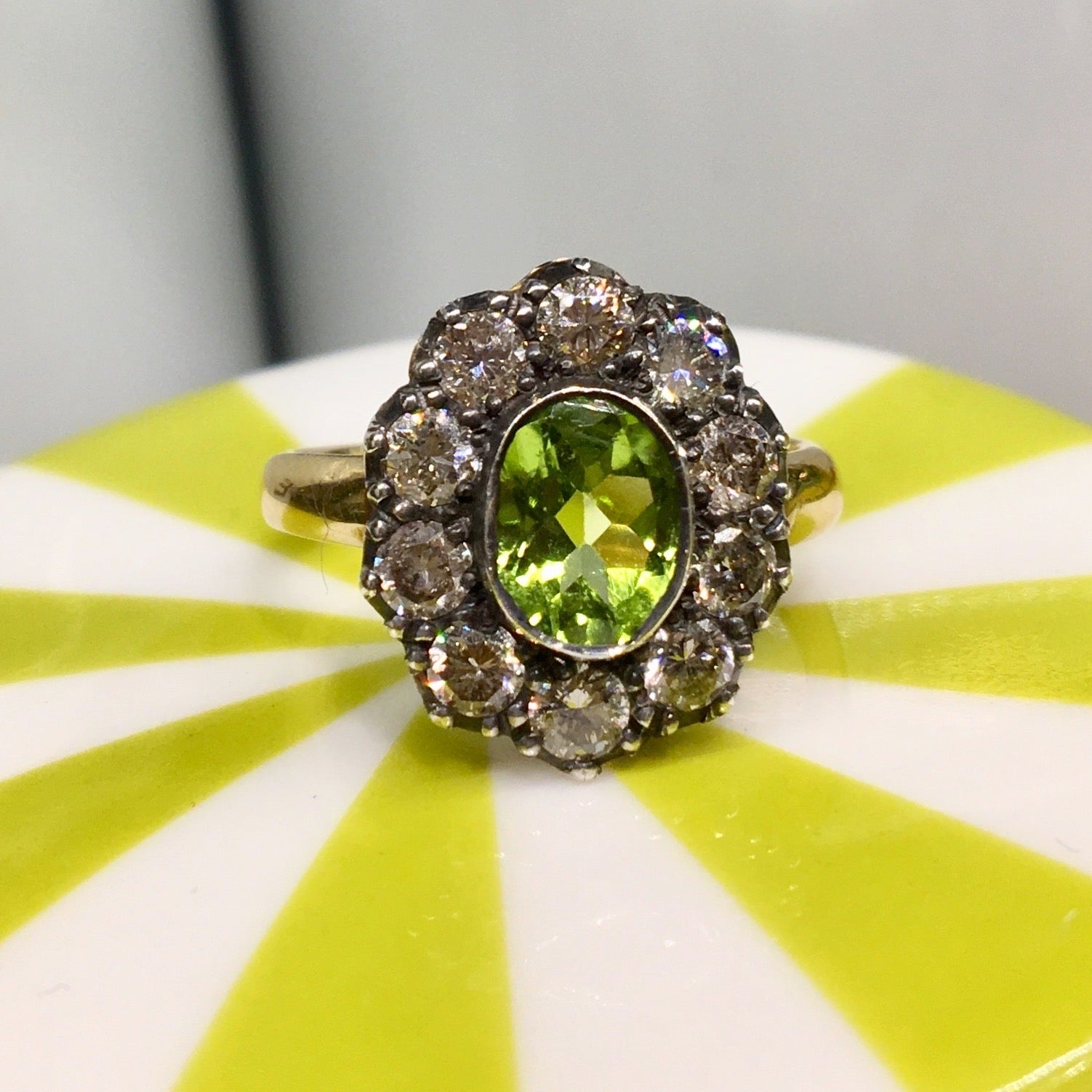 Right Hand Ring Modern 1.04 Oval Cut Peridot & 1.00 Round Brilliant Cut Diamonds in 18K Yellow Gold & Sterling Silver