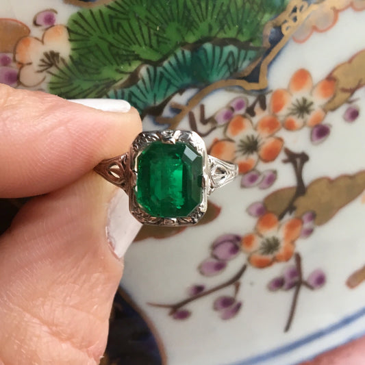 Antique Engagement Ring Art Deco 1.93 Modified Corner Step Cut Emerald in 14k White Gold