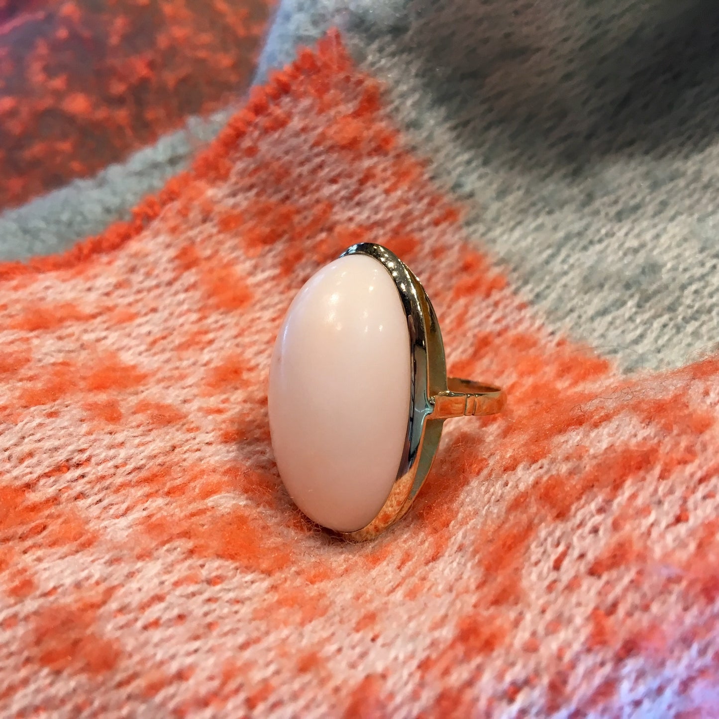 Vintage Cocktail Ring Mid-Century 26.19 Cabochon Cut Angel Skin Coral in 14k Yellow Gold
