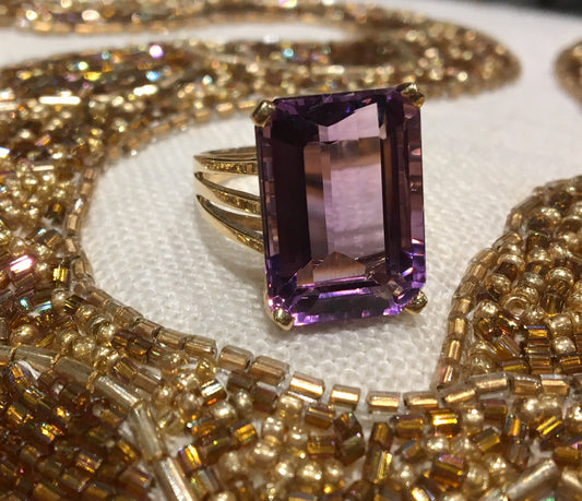 Vintage Cocktail Ring Mid-Century 14.06 Emerald Cut Amethyst in 14K Yellow Gold