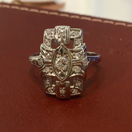 Antique Cocktail Ring Art Deco .32 Round Brilliant Cut Diamonds in 18k White Gold