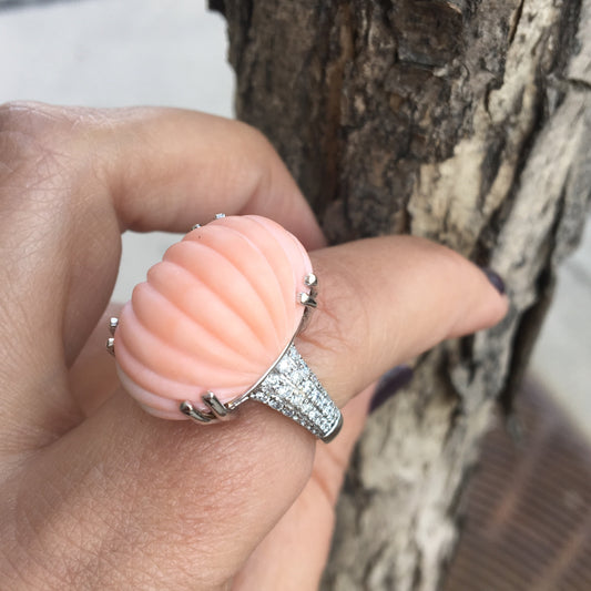 Cocktail Ring Modern 28.94 Carved Oval Coral in 14k White Gold