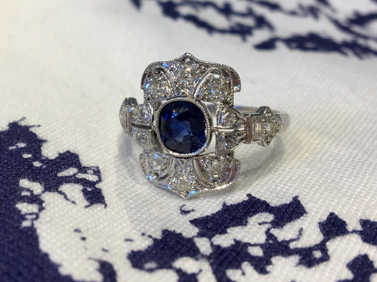 Antique Cocktail Ring Art Deco .70 Cushion Cut Sapphire & .50 Single Cut Diamonds in Platinum