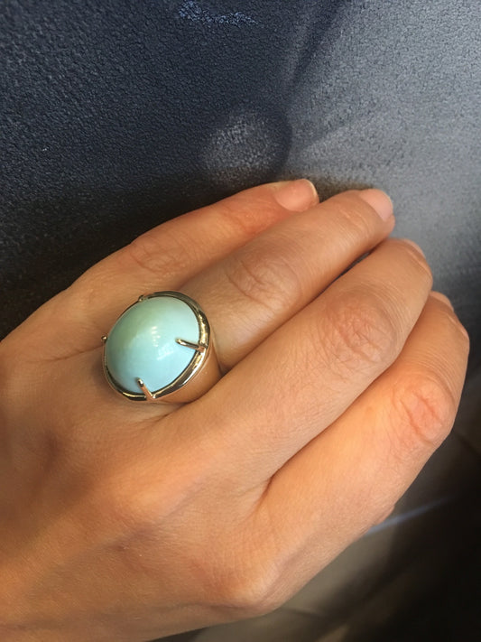 Vintage Right Hand Ring Mid Century 21.94 Cabochon Cut Turquoise in 14k Yellow Gold