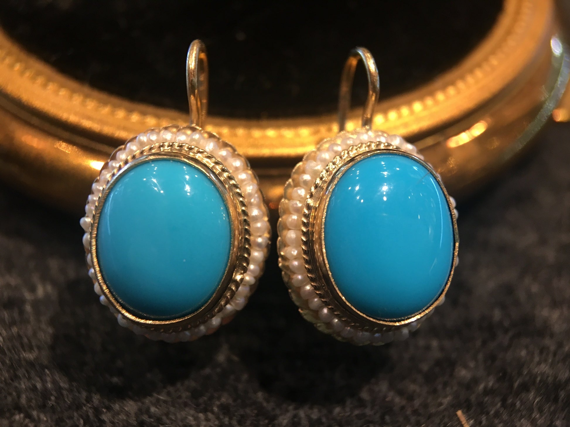 Dangle Drop Earrings Modern 5.48 Cabochon Cut Turquoise & Seed Pearls in 14k Yellow Gold