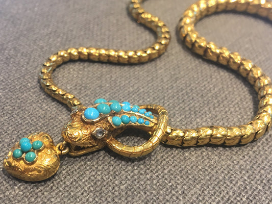 Antique Snake Necklace Victorian .06 Rose Cut Diamonds & Turquoise in 18k Yellow Gold