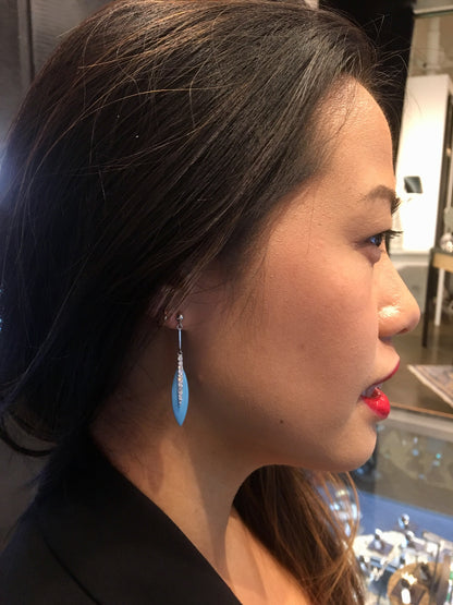 Dangle Drop Earrings Modern 4.20 Turquoise & .35 Round Brilliant Cut Diamonds in 18k White Gold