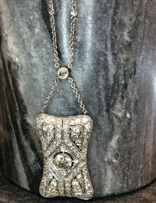 Antique Necklace Art Deco 5.08 Old European Cut Diamonds in 18k White Gold & Platinum