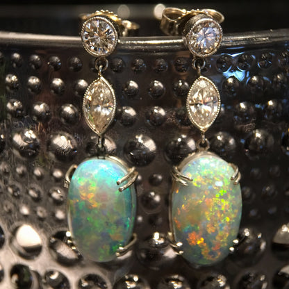 Earrings Dangle Drop Modern 4.50 Oval Cut Opal & Diamonds in Platinum