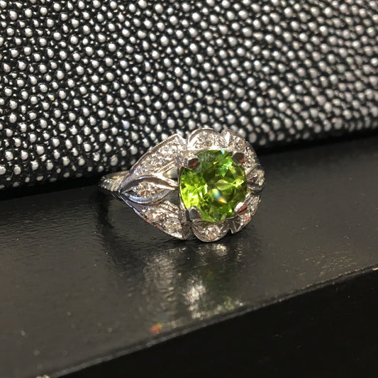 Antique Cocktail Ring Art Deco 2.23 Round Cut Peridot in 14k White Gold