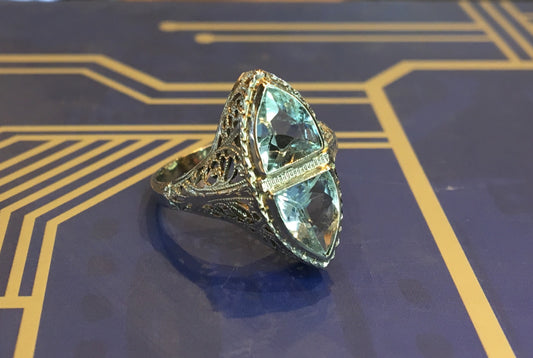 Antique Cocktail Ring Art Deco 1.20 Shield Cut Aquamarine in 14k White Gold