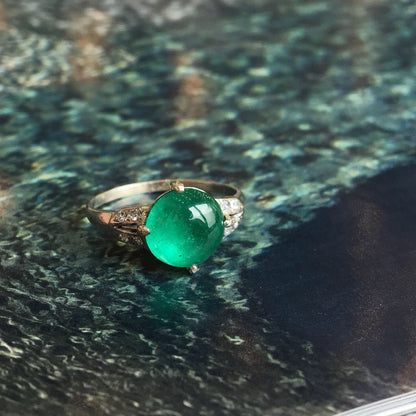 Vintage Cabochon Emerald Ring in Platinum