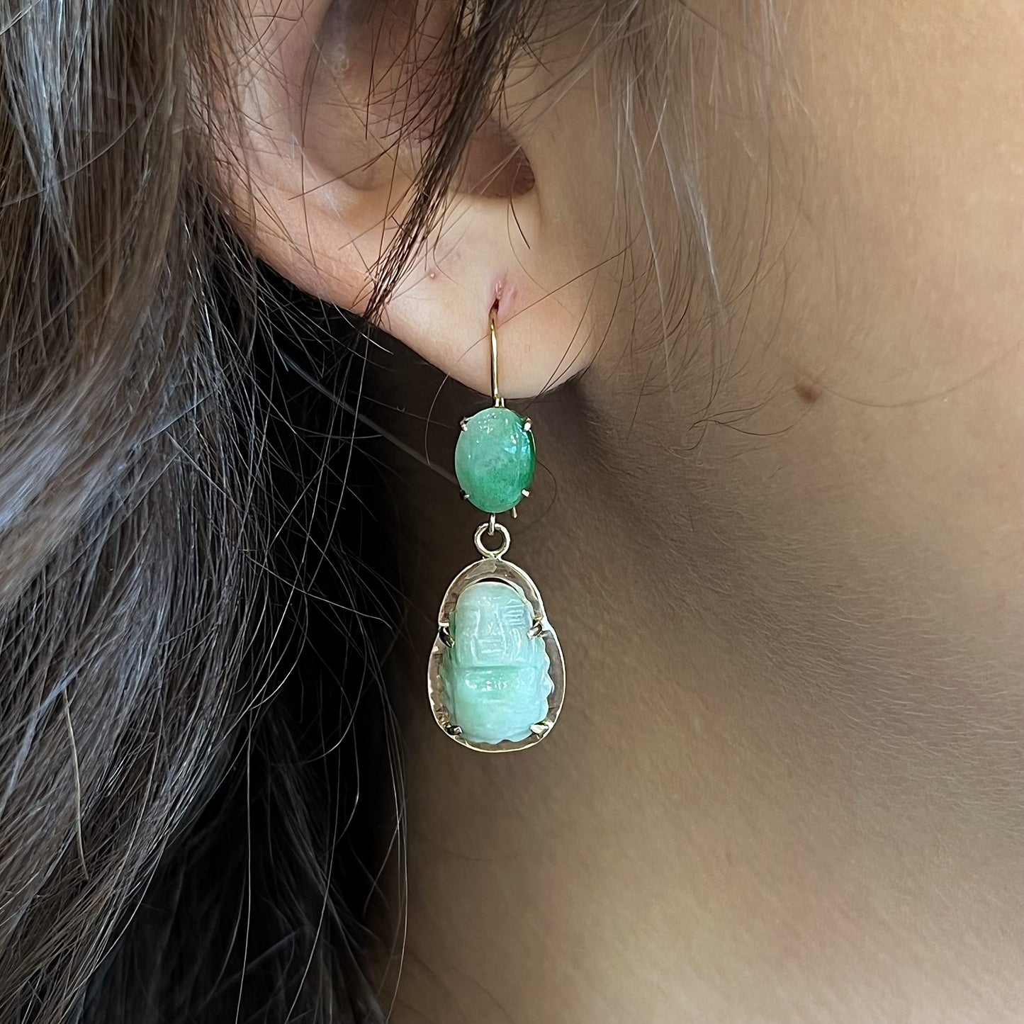 Jade Buddha Drop Earrings in 14k Yellow Gold