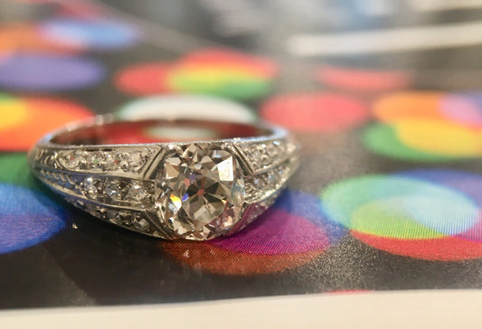 Antique Engagement Ring Art Deco 1.13 Cushion Cut Diamond in Platinum