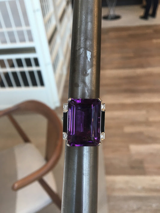 Vintage Right Hand Ring Mid-Century 24.30 Emerald Cut Amethyst & Onyx in Platinum
