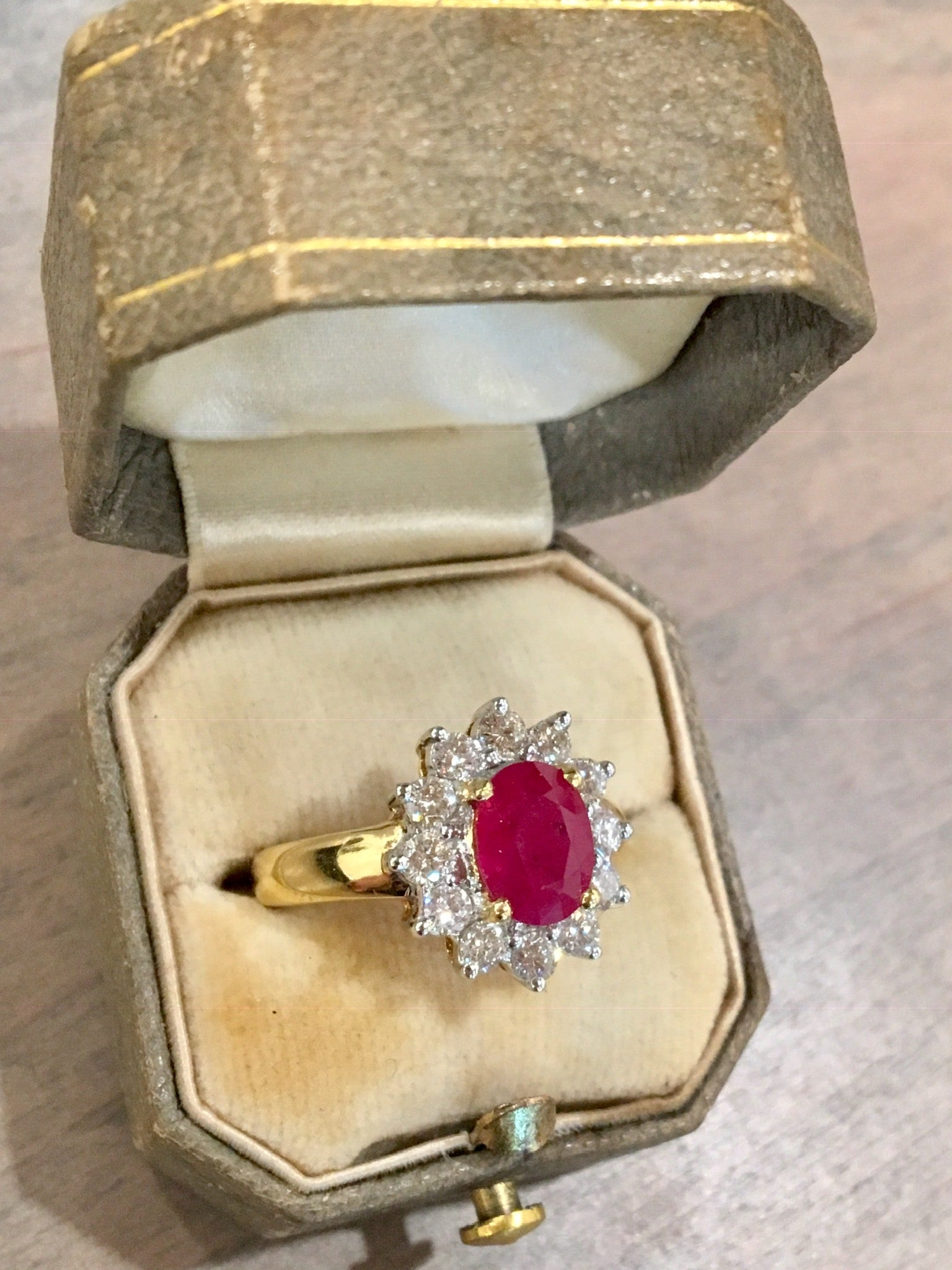 Right Hand Ring Modern 1.51 Oval Cut Ruby & .72 Round Brilliant Cut Diamond in 18k Yellow Gold