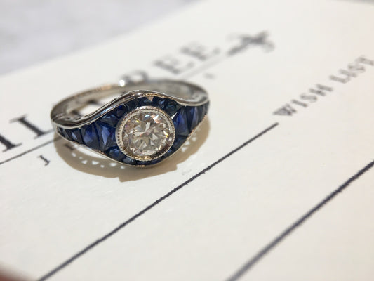 Engagement Ring Modern .63 Old European Cut Diamond & Sapphire in Platinum