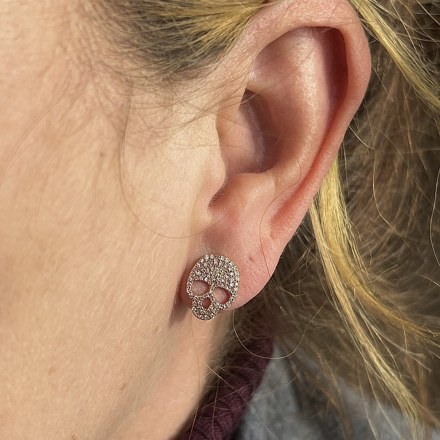 Diamond Skull Stud Earrings in 14k Rose Gold