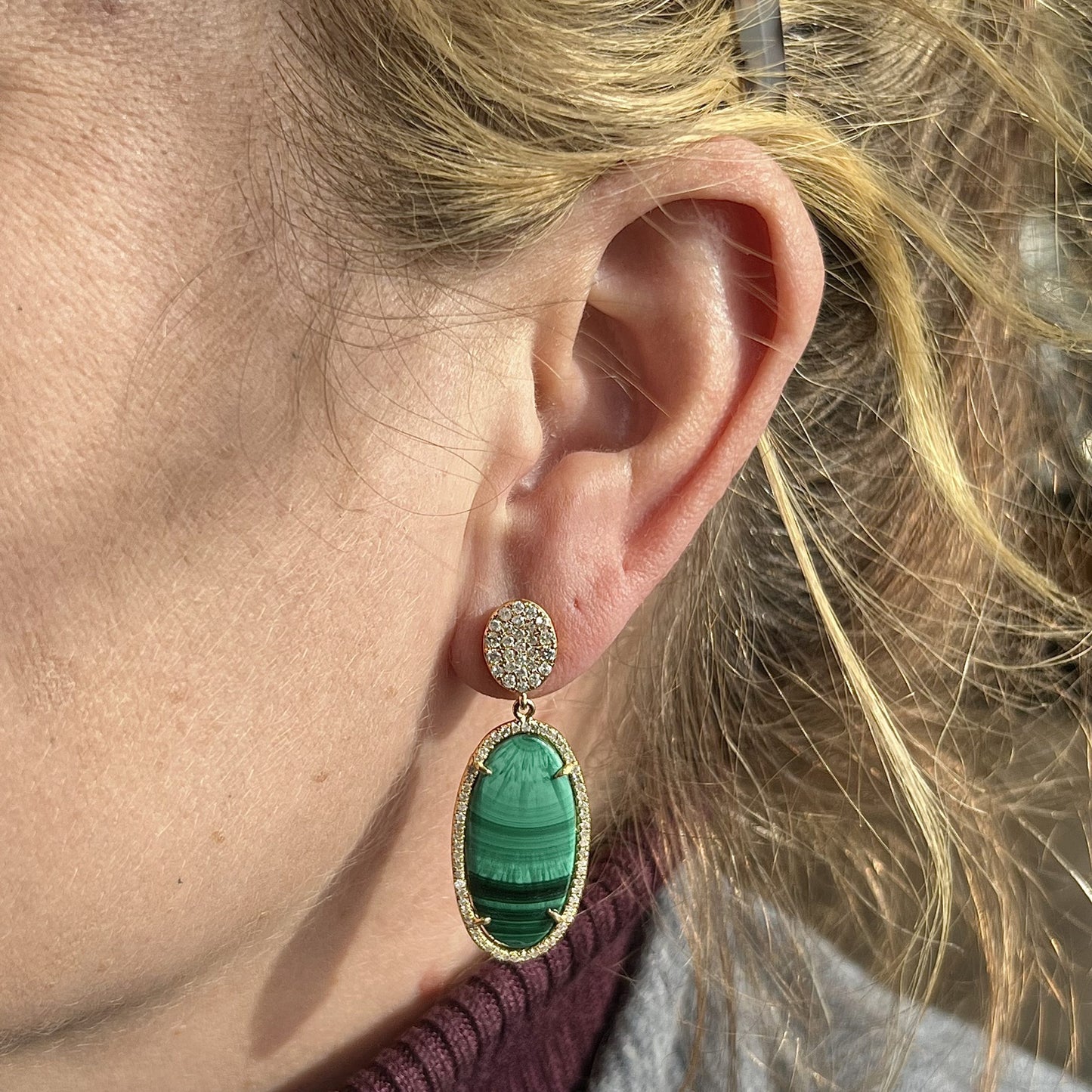 Malachite & Diamond Drop Earrings in 18k Yellow Gold