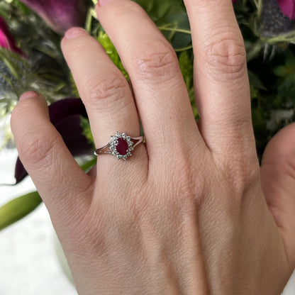 Split Shank Ruby & Diamond Halo Engagement Ring in 14k Gold