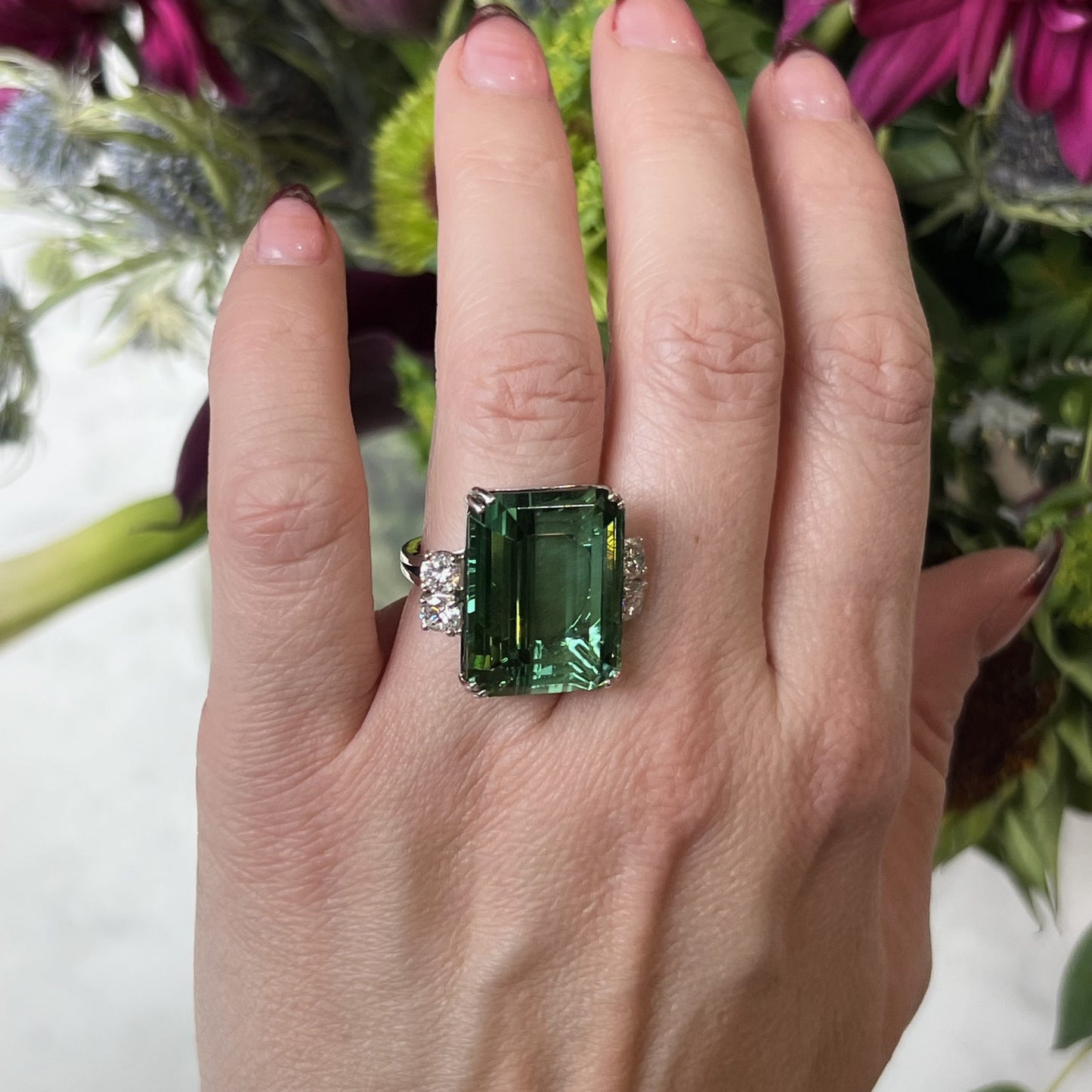 Green Tourmaline & Diamond Cocktail Ring in Platinum