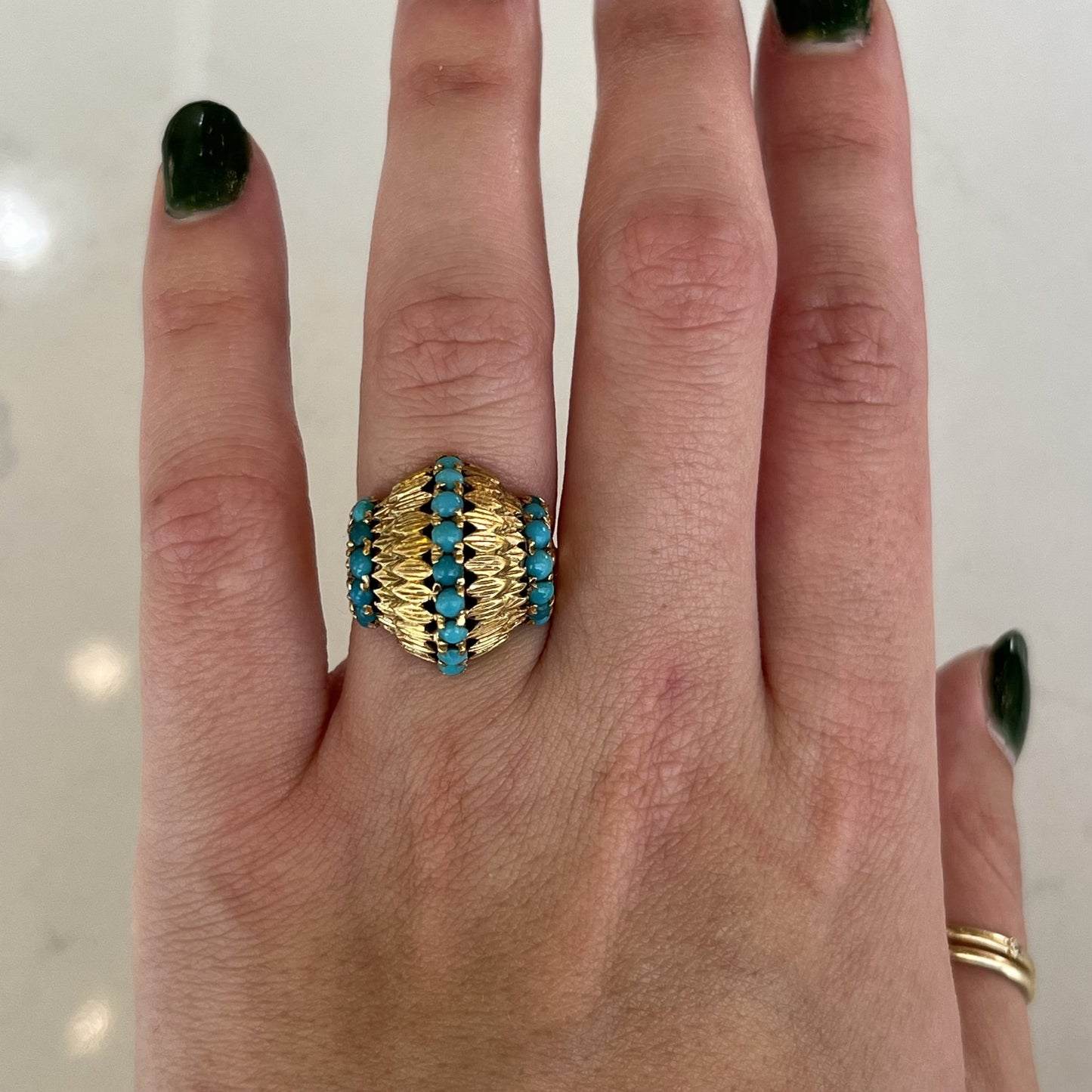 Mid-Century Turquoise Dome Cocktail Ring in 14k Yellow Gold