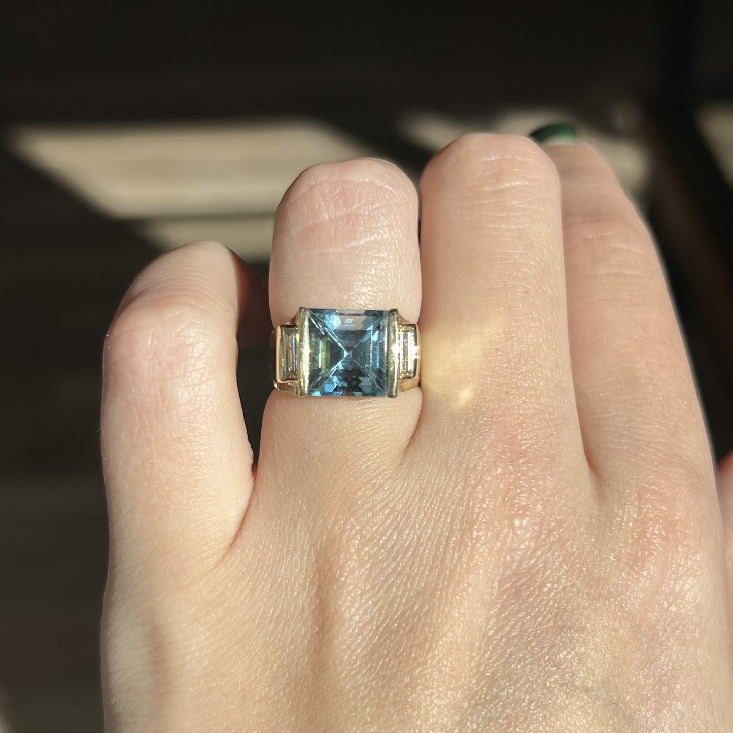 Square Cut Blue Topaz Cocktail Ring in 14k Yellow Gold