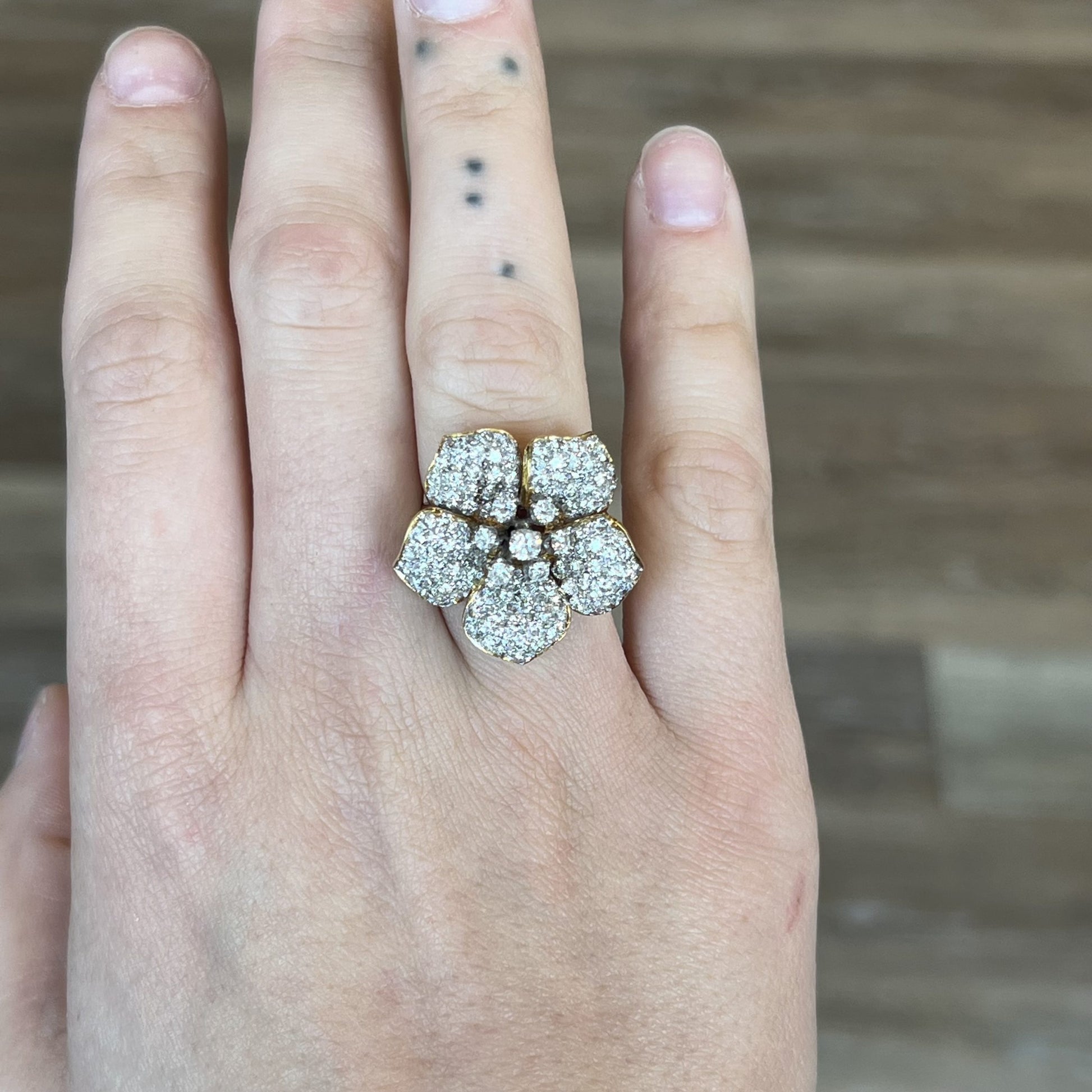 Pave Diamond Flower Cocktail Ring 18k Yellow White Gold