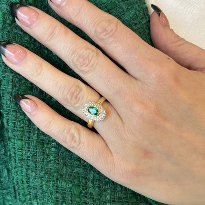 Oval Cut Emerald & Pave Diamond Ring in 18k Yellow Gold