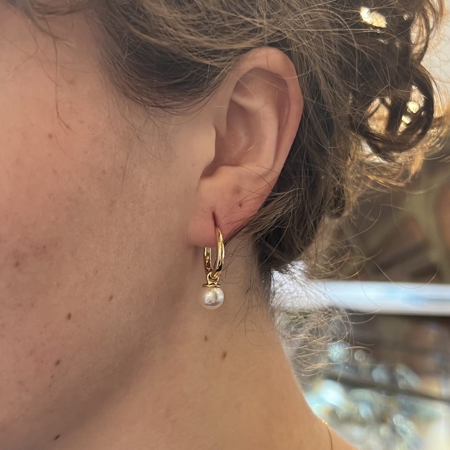 Pearl Drop Hoop Earrings in 14k Yellow Gold